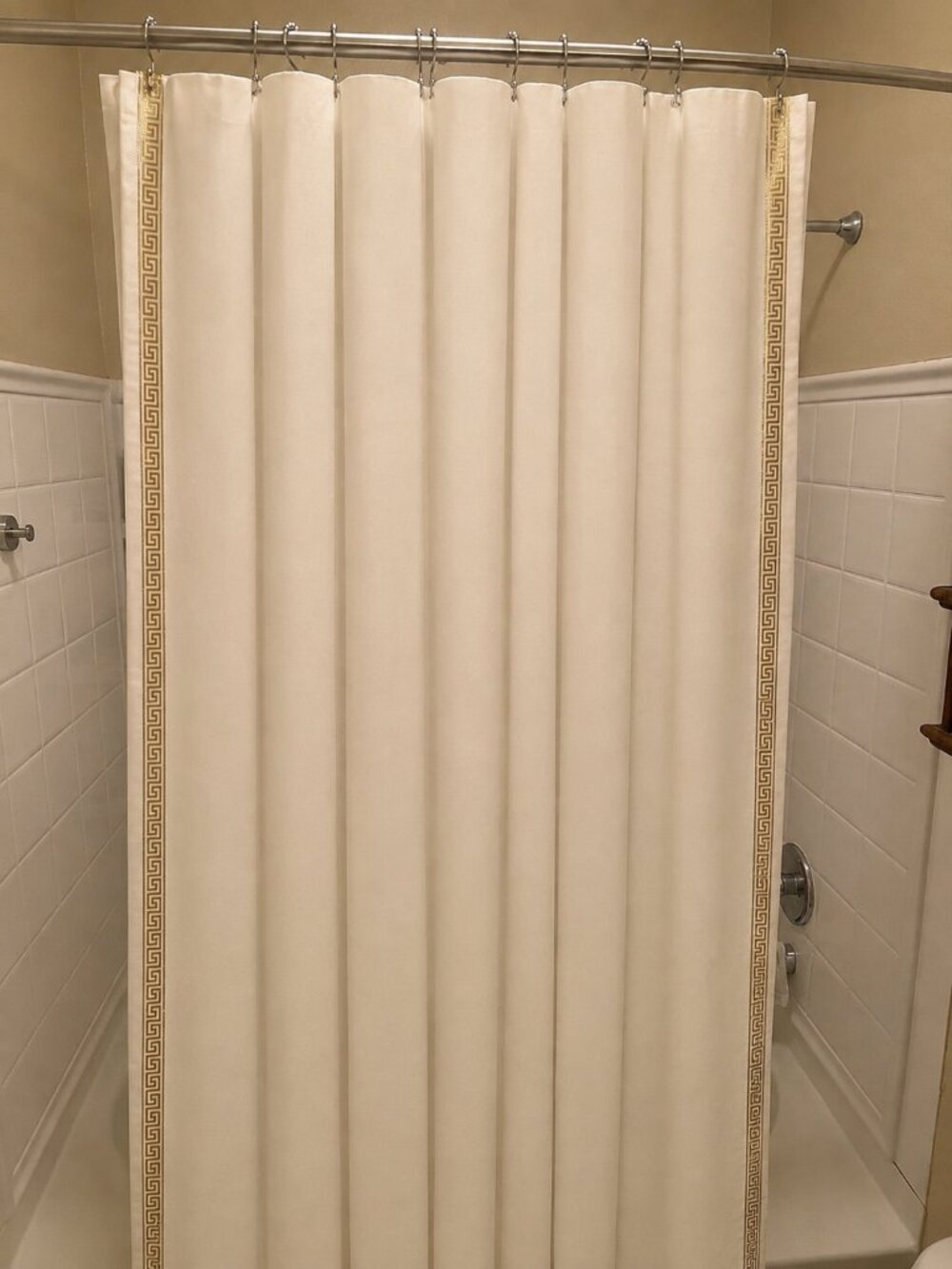 White & Gold Greek Key Trim Shower Curtain 72x72